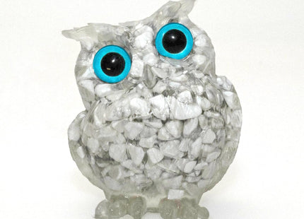 PinpinPony Owl Statue, Natural Gemstones Decor for Home Office, Shelf Display Figurine, Handcrafted Unique Owl Sculpture(White)