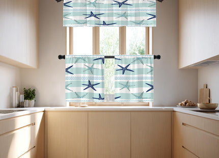 BaoNews Coastal Navy Blue Blackout Kitchen Curtain, Coastal Starfish Repeat Pattern Navy Blue Turquoise Window Treatment Rod Pocket Light Filtering Bathroom Short Valance 1 Pack 52X18 Inches