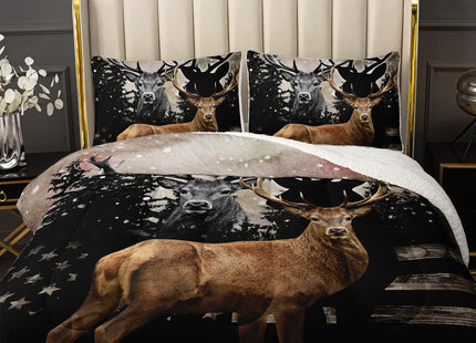 HOSIMA Hunting Camo Deer Bedding Twin Size Fuzzy Comforter Set,American Flag Forest Bedding Sets Hunter Bedroom Decor,Soft and Plush Reversible Micromink and Sherpa Comforter Set with 2 Pillowcases.