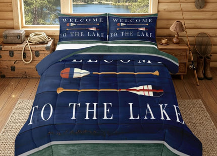 Kids Lake House Comforter Set Twin, Retro Paddle Wooden Bedding Sets For Kids Boys Teens Adult,Rustic Farmhouse Duvet Sets Old Barn Lake Paddle Decor Bedding Comforters Gift For Lake Lover,Dark Blue