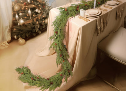WBHome 2pcs Real Touch Cypress Cedar & Pine Cone Evergreen Garland for Christmas Holiday Seasonal Outdoor/Indoor Home Decor, 9FT Long