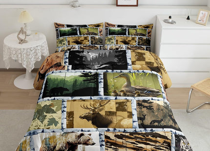 Bear Farmhouse Bedding Set King for Women Men,Duck Elk Deer Wildlife Animals Woodland Comforter Set Western Decor,Pine Tree Jungle Plant Down Comforter Wooden Cabin Farm Country Style Duvet Insert