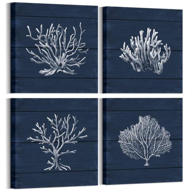 HOMEOART Coral Wall Art Navy Blue Coastal Artwork Nautical Bathroom Decor