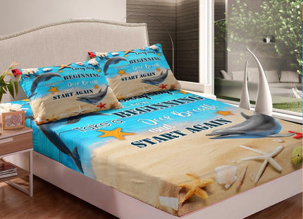 Dolphin Fitted Sheet Nautical Sea Bedding Set Full Size,Hawaiian Ocean Beach Theme Bed Sheets for Boys Girls,Underwater World Marine Life Conch Shells Starfish Cute Dolphin Bed Cover