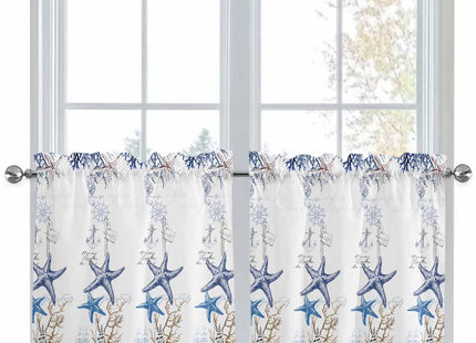 Ocean Beach Starfish Kitchen Curtain 24 Inch Length Small Short Cafe Tiers Drape, Blue Coastal Coral Shell Nautical Boat Window Treatment Rod Pocket Bathroom Bedroom Drapery Panels Curtains, 55x24