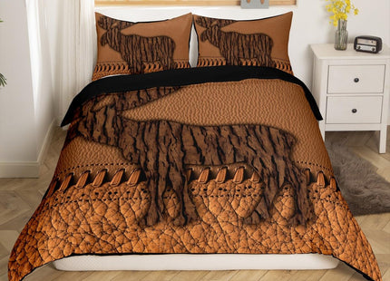 Oak Bark Moose Bedding Set Hunting Woodland Animal Queen Comforter Cover For Boys Adults Men Rustic Patchwork Brown Cowhide Leather Duvet Cover Country Farmhouse Bed Set With 2 Pillow Cases