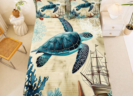 3D Sea Turtle Bedding Set for Boys Kids Girl Ocean Beach Themed 3 Piece Fitted Sheet Children Teens Retro Tortoise Bed Sheet Set Hawaiin Reptile Turtle Printed Bed Cover for All Seasons,Blue,Full