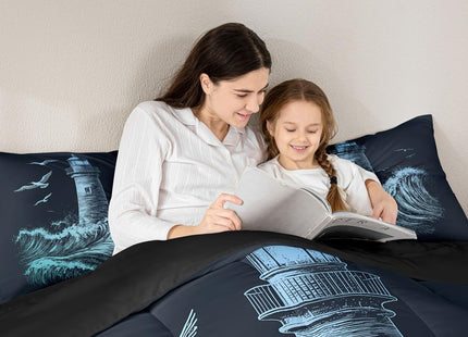 Erosebridal Nautical Comforter Set Twin, Lighthouse Down Comforter for Kids Boys Men, Ocean Wave Quilted Duvet, Surfing Coastal Bedding Comforters, Navy Blue Hand Drawn,Ultra Lightweight