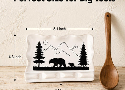 Ceramic Spoon Rest Large Stove Top Utensil Holder Bear Forest Art