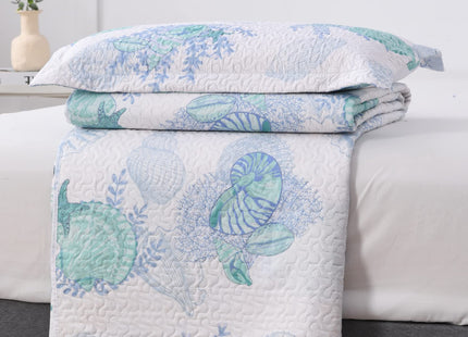 Oliven 3 Pcs Blue Green Coastal Quilt King Size Lightweight Summer Beach Bedspread Ocean Theme Conch Shell Bedding Soft Seashell Seaweed Starfish Coverlet Set Seaside Home Decor