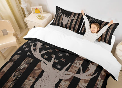 Deer Antlers Kids Camo Duvet Cover Set Twin Size,American Flag Stripe Retro Bedding Set,Boys Adults Xmas/Cabin/Camper Decor,Animal Hunt Rustic Comforter Cover,Brown Farmhouse Quilt Cover,1 Pillowcase