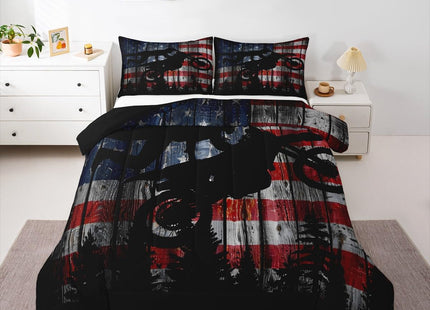 Homewish American Flag Bedding Set Full Size Boys Dirt Bike Racing Motocross Rider Comforter Set Kids Teens Men Rustic Farmhouse Wooden Quilt Set Retro Black Pine Tree Silhouette Duvet Insert 3pcs