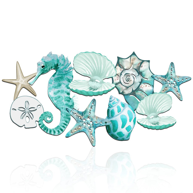 Pinkunn Metal Beach Wall Decor Seashell Beach Themed Bathroom Decor Rustic Nautical Ocean Coastal Starfish Seahorse Themed Wall Art for Living Room Bathroom Bedroom,15.8 Inch(Aqua Blue)
