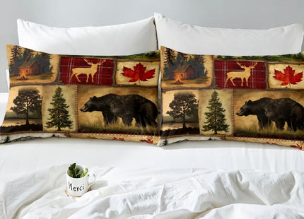 Rustic Farmhouse Bed Sheets Set Full Size, Retro Cabin Lodge Sheets, Hunting Bear Deer Sheet Set, Country Maple Leaves Bedding Set, Rustic Woodland Pine Tree Flat Fitted Sheet, Red Brown, 4Pcs