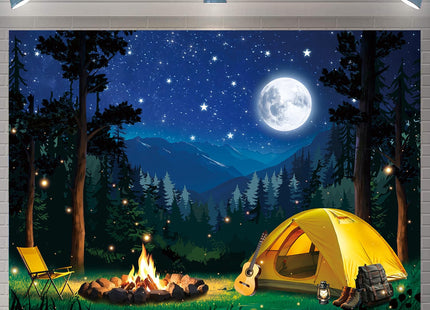 Forest Scene Camping Backdrop Night Campfire Tent Camping Adventure Bammer