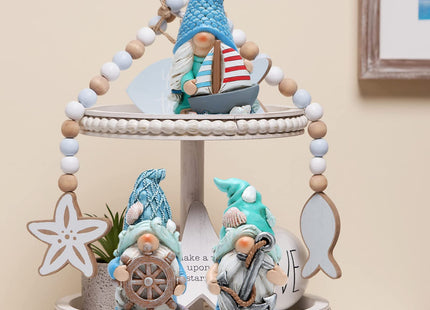 Hodao Coastal Nautical Gnome Figurines Set, Ocean Theme Resin Gnome Decor with Anchor Helm Sailboat, Beach Coastal Home Tabletop Decoration Gift for Spring Summer All Season