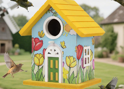 Wooden Bird Houses Bird House for Outside Yellow Wood Bird House for Outdoors,Handmade Painted Tulips Bird Houses for Garden Blue Bird Hummingbird Wren Cardinal Swallow Sparrow Finch Chickadee