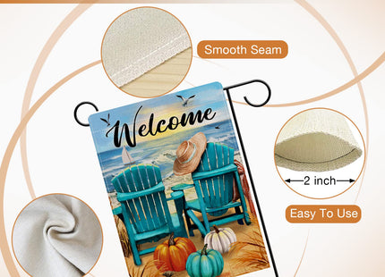 Hzppyz Welcome Fall Sea Pumpkin Garden Flag Double Sided, Autumn Beach Ocean Chairs Coastal Decorative Yard Outdoor Home Small Decor, Seagull Sailboat Nautical Outside House Decoration 12 x 18