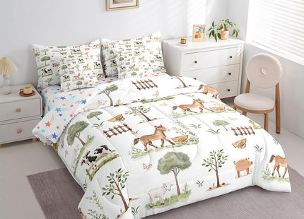 Erosebridal 7 Pcs Cute Farm Animals Kids Comforter Set Cartoon Horse Sheep Cow Pig Twin Bedding Set for Child Rustic Farmhouse Cabin Comforter Woodland Animal Trees Top Sheet for Boys Girls Bedroom