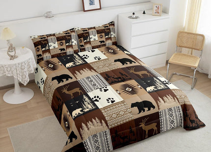 Feelyou Bear Comforter Set for Boys Deer Comforter Rustic Bear Bedding Set Toddler Size Deer Hunting Southwestern Plaid Grid Brown Duvet Set 2Pcs
