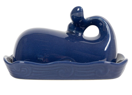 Creative Co-Op Stoneware Whale Butter Dish with Embossed Wave Detail, Navy Finish