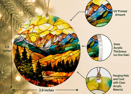 Mountain Landscape Christmas Ornament, Rustic Cabin Decor with Forest Pine Trees Lake Scenery, Tiffany Stained Glass Inspired Outdoor Adventure Hanging Decoration, Nature Lover Gift for Christmas Tree