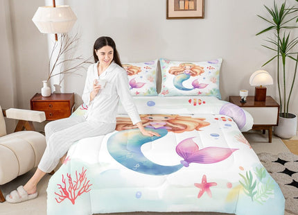 Erosebridal Kawaii Mermaid Comforter Set Full for Girls Cute Mermaid Tail Bedding Set Coastal Theme Bedding Comforters & Sets Pink Jellyfish Duvet Sets Multicolor Starfish Bubble Quilt Sets Cozy Soft