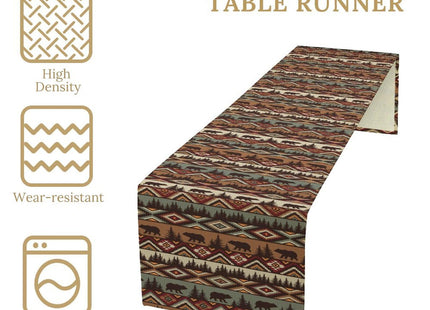 Rustic Bear Table Runner Cabin Wild Animal Bear Aztec Navajo Native Hunting Camping Retro Kitchen Dinner Runner for Indoor Home Living Room Party Dining Table Decoration 13"x70"