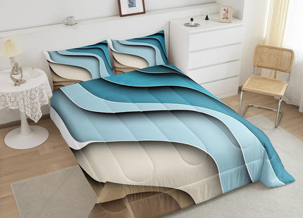 Erosebridal Sea Waves Bedding Set Ocean Coastal Beach Comforter Sets,Abstract Ocean Wave Duvet Geometric Stripes Quilt Set Ultra Soft Cozy Microfiber Down Comforter Full 3Pcs for Kids Teen Adults
