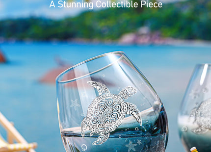 Physkoa Sea Turtle Gifts for Women-13.5oz Sea Turtle Wine Glasses set of 2 - Crackle teal design turtle wine glasses-Hand blown Stemless Wine Glass -Sea lovers Gifts for Birthday，Mothers Day