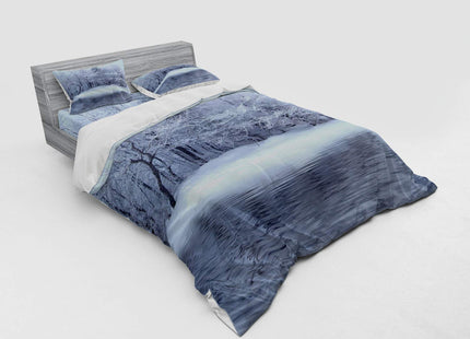 Ambesonne Christmas Duvet Cover Set, Frozen Lake in Winter Blizzard Forest Water Cold ICY Pure Rural Nature Scenery View, 4 Piece Bedding Set with Shams and Fitted Sheet, Queen Size, White