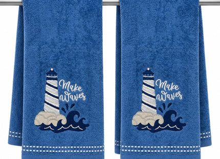 Coastal Guest Hand Bathroom Towels, Navy Make Waves Lighthouse, 16x25