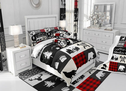 Castle Fairy Bear Deer Kids Comforter Set Twin Size,Hunt Arrow Adventure Wildlife Patchwork Bedding Set for Kids Boys Men,Red Check Boho Aztec Cabin Decor Quilted Duvet Set with 1 Pillowcase