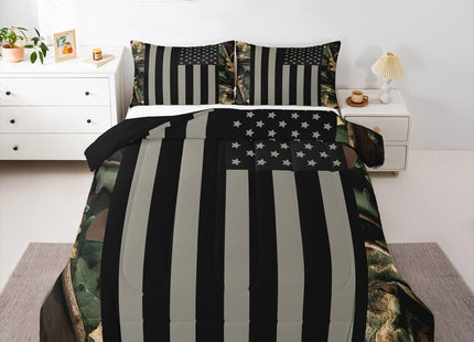 Camo American Flag Comforter Set Twin Woodland Military Hunting Bedding Set Army Green Tree Branch Camouflage Comforter for Boys Teens Adults Men,Grey Black USA Striped Flag Bedding Quilted 2 Pcs