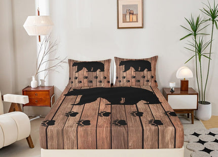 Black Bear Sheet Set Queen,Rustic Brown Farmhouse Wooden Board Bed Sheets Woodland Animal Bedding Sheets For Kids Boys Teens Men,Bear Paws Fitted Sheet + Countryside Flat Sheet + 2 Pillow Cases