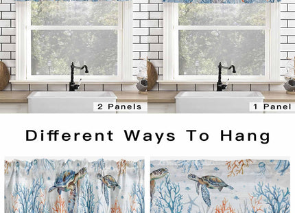 Sea Turtle kitchen Valance Curtain,Ocean Coral Rod Pocket Curtain Valances,Blue Gradient Short Curtains Summer Nautical Coastal Valance Window Valance for Living Room Bathroom Bedroom 54x18in