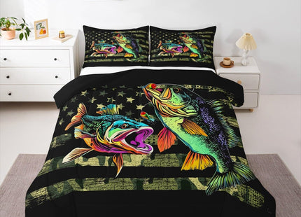 Bass Fish Camouflage Comforter Set Queen Pike Fish Camo Bedding Set for Women Men Room Kids Farmhouse Fishing Decor Comforter Fishman Wild Quilt Set Down Comforter Green Black