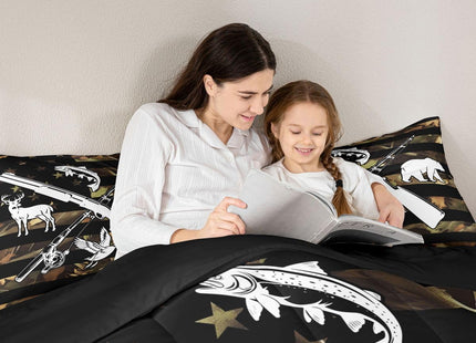Hunting And Fishing Comforter Set Wildlife Fish Duck Deer Bear Twin Comforter For Boys Men,Camo American Flag Bedding Set Rustic Trees Leaves Camouflage Quilt Duvet Insert With 1 Pillow Case
