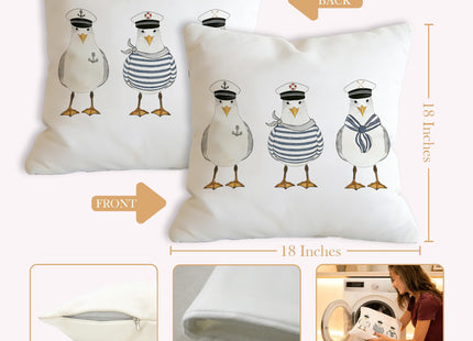 JLLBF Nautical Seagull Pillow Cover 18x18 Double-Sided, Nautical Decor for Home, Funny Sailor Seagull Coastal Ocean Decorative Throw Pillow Cover for Home Bedroom Couch Bed