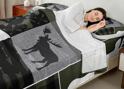 Hunting Rustic Lodge Bed Sheet Twin, Deer Bear Patchwork Sheet Set Retro Cabin Lodge Fitted Sheet For Kids Teens Adult Men, Camping Moose Elk Flat Sheet 3 Pieces With 1 Pillow Case, Grey Black