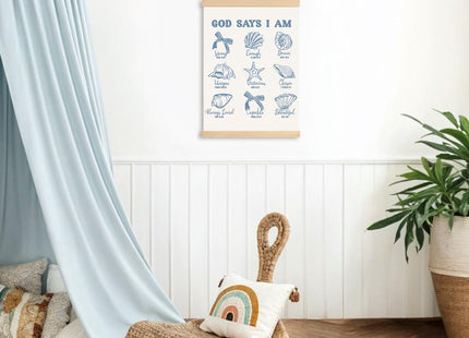 DNEULYR Retro Blue Bow Seashell Christian Wall Art Poster, Bible Verse Wall Decor, God Says I am Coastal Beach Religious Scripture Poster Hanger Frame for Girls Room Dorm Home Office, 12x16 Inches