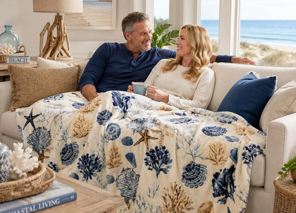 Ocean Coastal Shells Throw Blanket, Nautical Blues Beige on White, 50x70