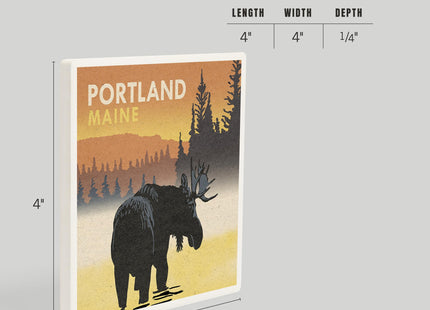 Lantern Press Portland, Maine, Moose at Dawn, Woodblock (Absorbent Ceramic Coaster, Single, Cork Back, Kitchen Table Decor)