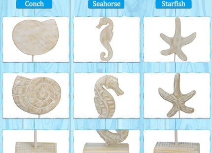 Exttlliy 3pcs Wood Starfish/Conch/Seahorse Statue Beach Ocean Coastal Decor