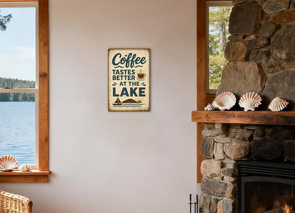 Coffee Tastes Better At The Lake Metal Sign - Lake House Decor for The Home Coffee Decorations Lake Life Gifts Lakehouse Wall Art Cabin Decor Signs 8×12 Inch