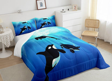 Ocean Themed Comforter Set Twin Size,Killer Whales Seal Duvet Insert Kids Child Teens,Sealife Underwater World Bedding Set Under Sea Marine Life Bed Quilt Nautical Sea Animal Bedroom Decor Blue