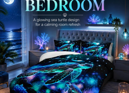AILONEN Sea Turtle Comforter Set Twin Size, Ocean Theme Bedding Coral Jellyfish 3 Pieces Printed Comforter Set for Boys Girls Bed in a Bag,Evening Starry Moon Turtle Quilt with 2 Pillowcases
