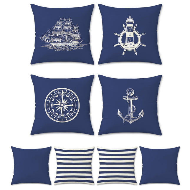 Bonhause Nautical Blue Pillow Covers 20x20 Set of 4 Two-Sided Anchor Lighthouse Sailboat Compass Decorative Pillow Cases Linen Cushion Covers for Sofa Couch Bed Home Decor