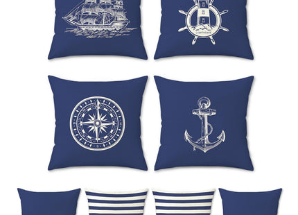 Bonhause Nautical Navy Blue Pillow Covers 18x18 Set of 4 Anchor Lighthouse Sailboat Compass Decorative Pillow Cases Linen Cushion Covers for Sofa Couch Bed Lake House Home Decor