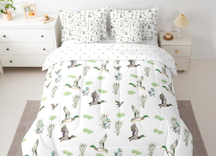 Erosebridal Mallard Duck 7 Piece Comforter Set Full Bed in A Bag Woodland Wild Duck Bedding Set for Kids Boys Girls Waterfowl Flying Ducks Sheets Rustic Farmhouse Comforter Hunting Wildlife Theme